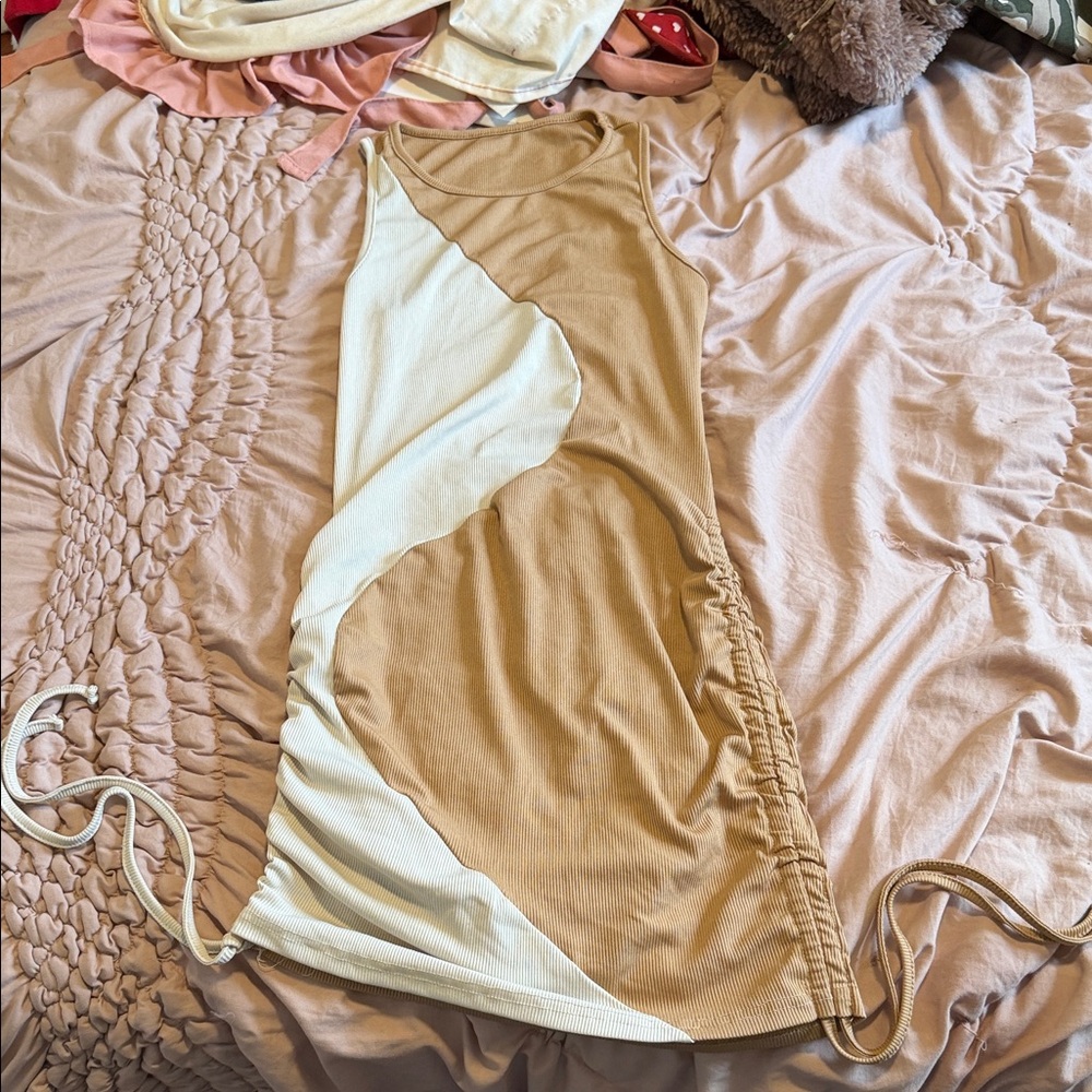 Colorblock Ribbed Tank Dress in Beige & Cream